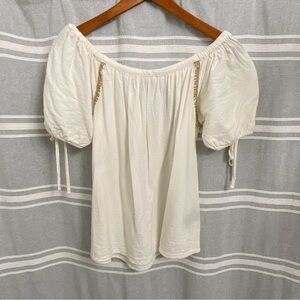 HARVE BERNARD / Cream with Gold Trim Off the Shoulder Linen Blend Top Size M